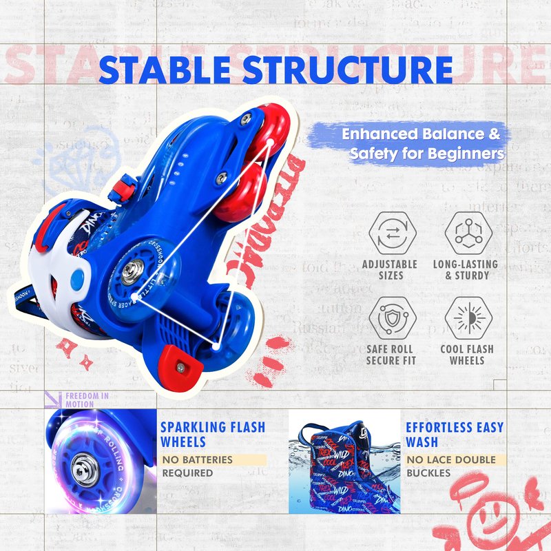 Toddler Roller Skates with Cool Dino Script Design, Kids Training Skating Shoes with Triple Safety Protection, 4 Adjustable Sizes, Light-Up Wheels (Captain Storm, XS-Small(6.5C-9C US))
