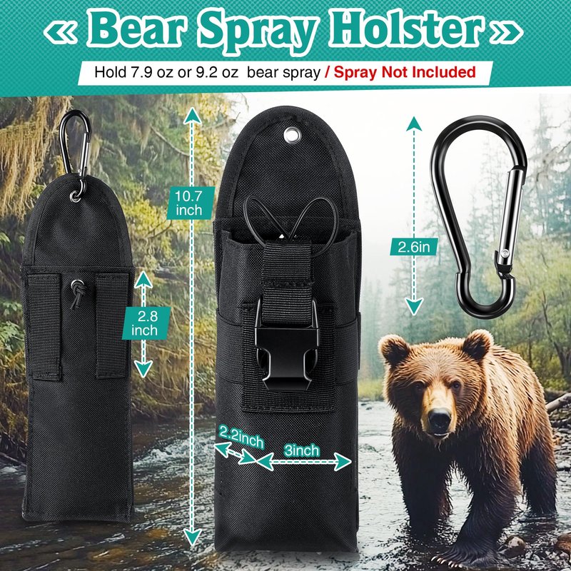 2 Pack Bear Spray Holster with Quick Release Buckle (Spray Not Included), Nylon Holster with Hook & Loop for 7.9 & 9.2fl Oz Canister, Portable Pouch & Elastic Cord Design for Hiking, Camping (Black)