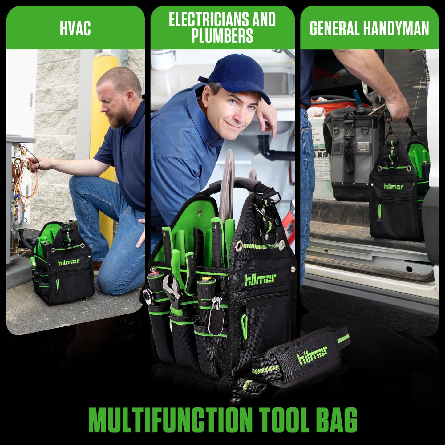 Hilmor HT 1839078 HVAC Tool Bag with 27 Pockets, Key Clip, Tape Loop, Shoulder Strap,HVAC/R Tools and Equipment, Black/Green, 13”