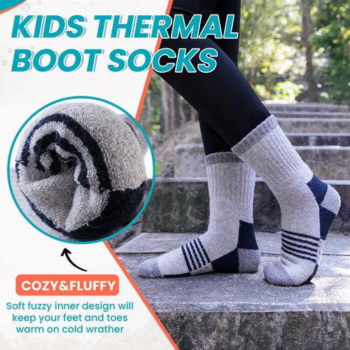 Velice Kids Merino Wool Hiking Socks Toddler Boys Girls Winter Warm Thermal Thick Cushion Crew Boot Socks 6 Pairs(Black/Grey/Blue, 13-15 Years)