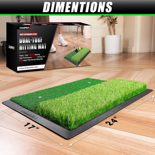 CHAMPKEY 17" x 24" High Performance Nylon Dual-Turf Golf Hitting Mat - Rubber Backing Golf Pracitce Mat - Come with 1 Rubber Tee Holder and 9 Plastic Golf Tees (17" x 24")