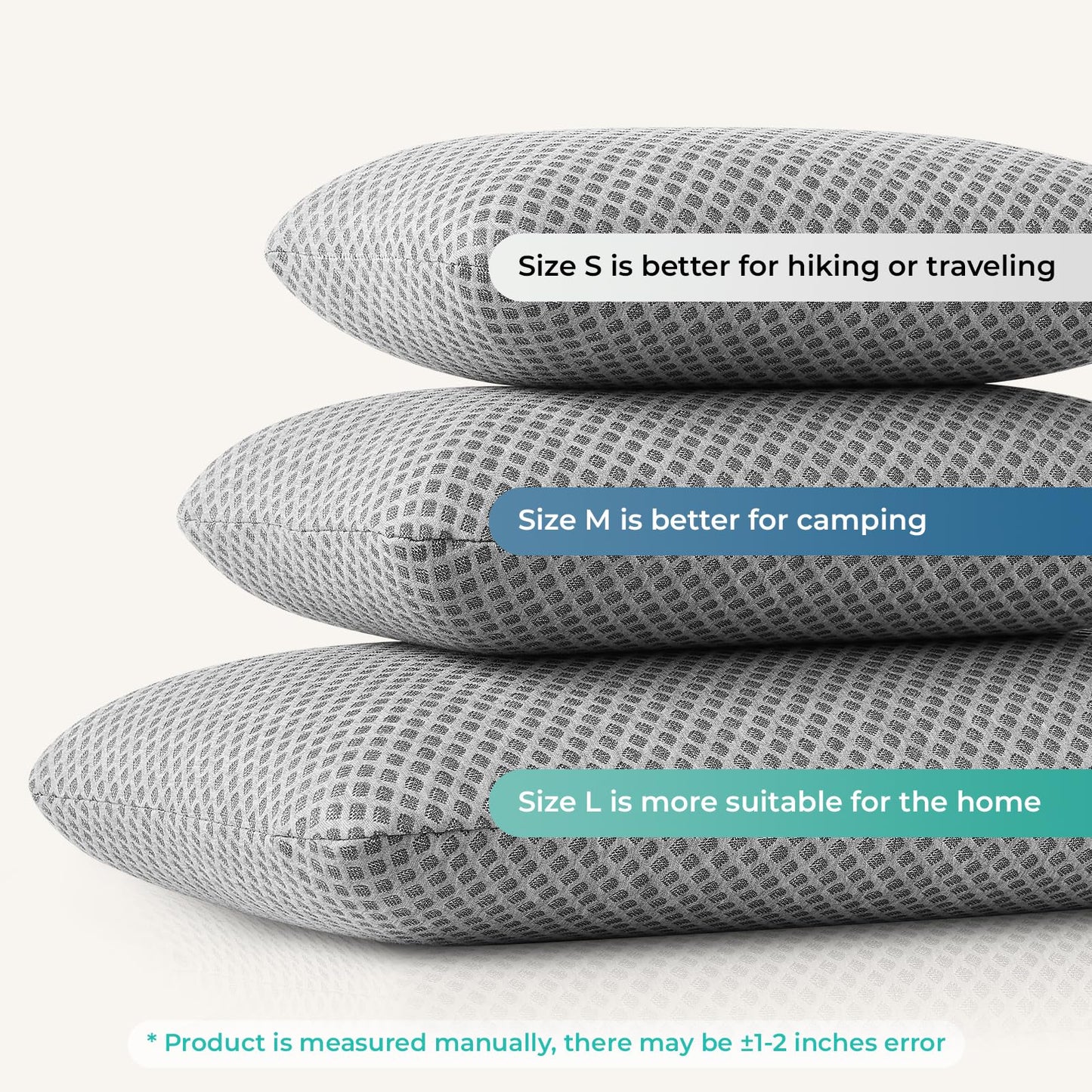 PEUJEW Travel Pillow Memory Foam Pillows, Camping Pillow-Compressible Medium Firm, Breathable Cover, Ideal Backpacking Hiking, Bed Pillows, Airplane and Car (Light Grey, S)