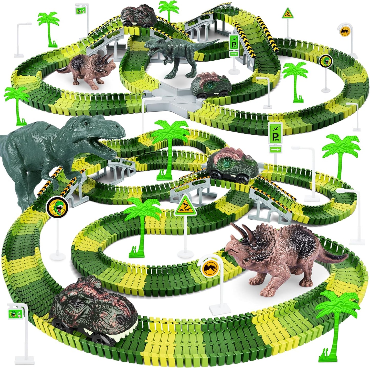 Skiennix Dinosaur Toys - Create A Dinosaur World Road Race Playset with Flexible Track & 2 Cars for Kids 3-6 Years