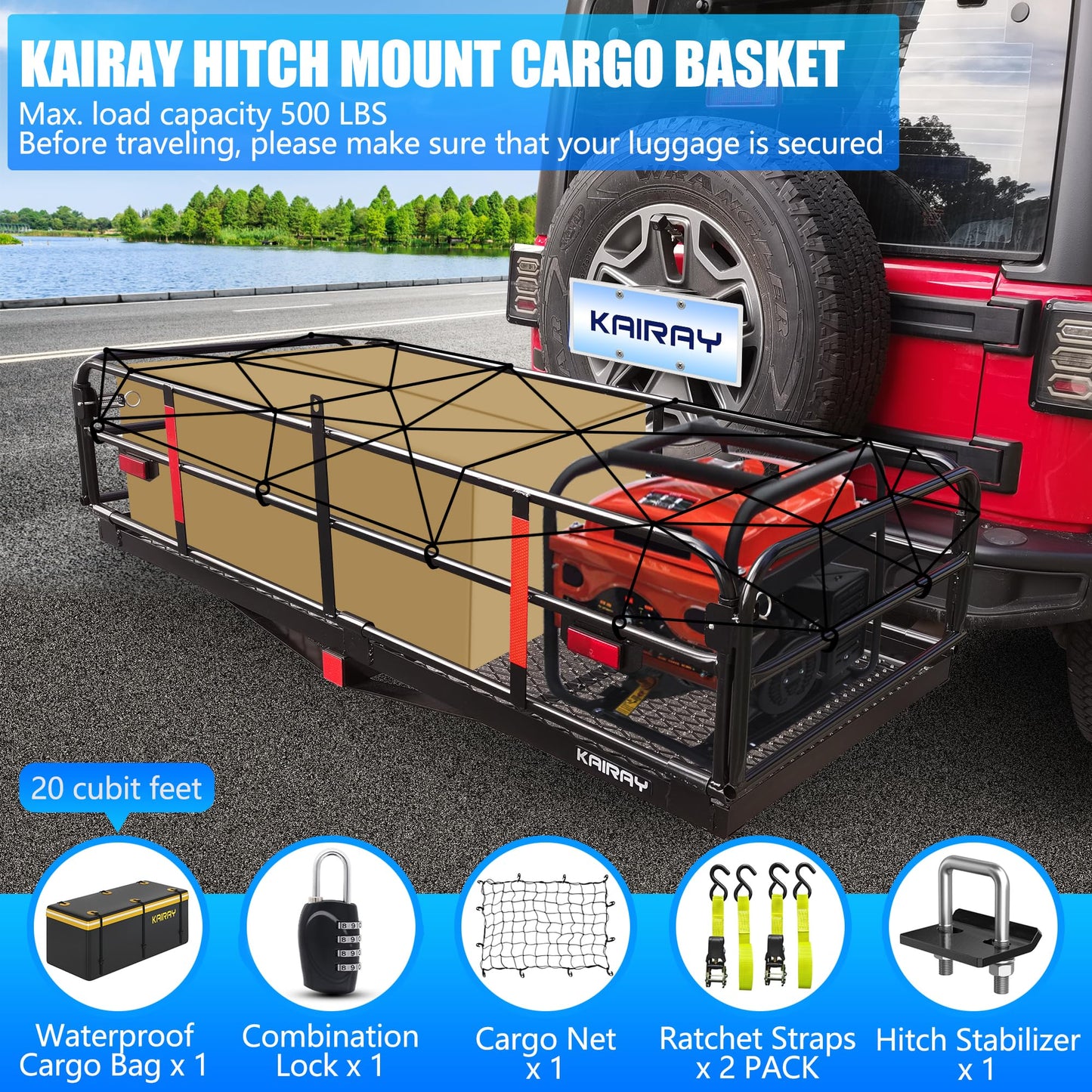 KAIRAY Heavy Duty Folding Hitch mount Cargo Carrier Load Capacity 500 Lbs 60" X 20" X 6" Trailer Fold up Luggage Basket with Stablizer Waterproof Bag Net Ratchet Straps Combination Lock for SUV Pickup