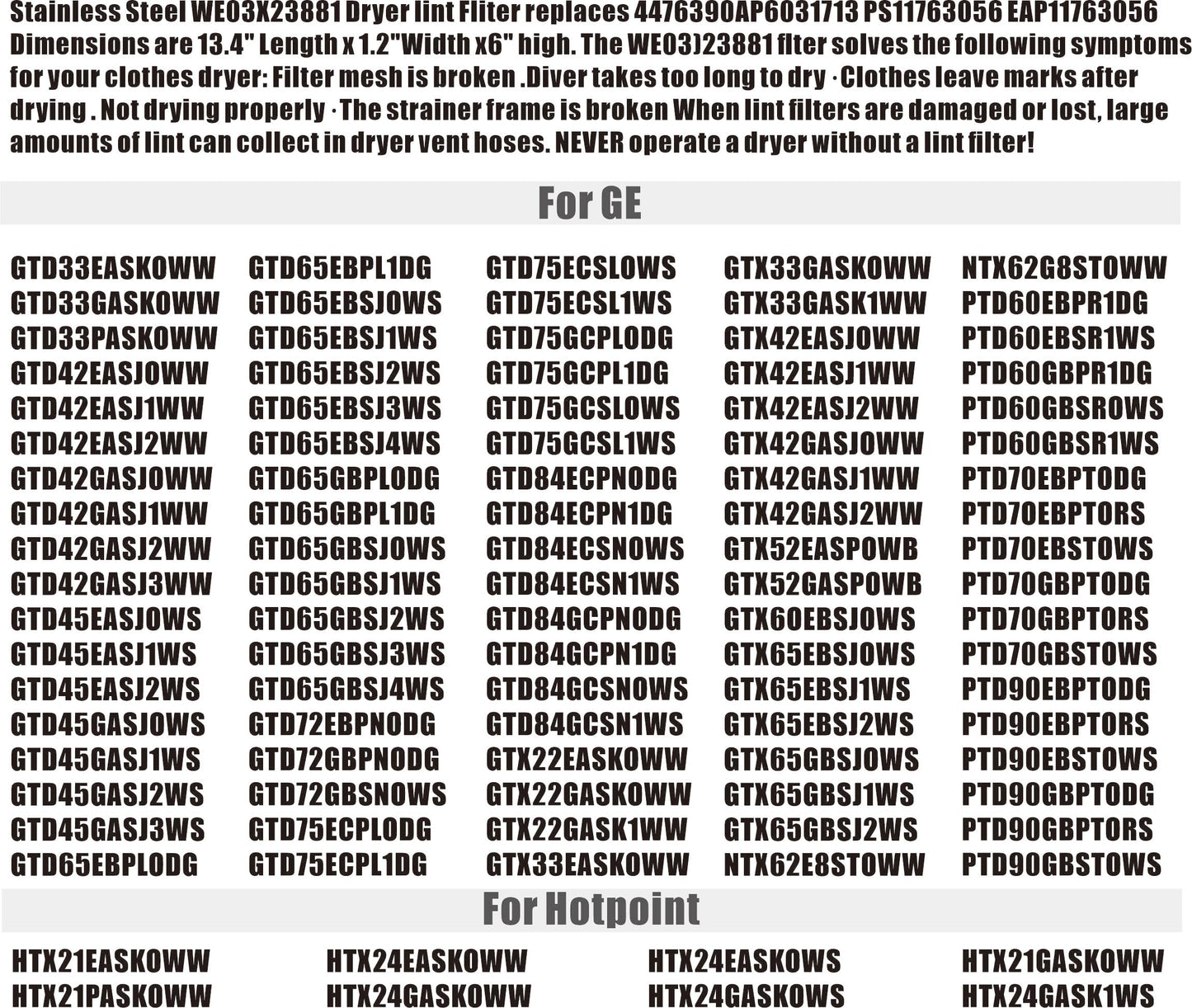 WE03X23881, WE03X23881 Dryer Lint Filter for GE Dryer Lint Screen Replacement Dryer Lint Catcher for GE Hotpoint Dryer Lint Screen Dryer Lint Filter Replacement Dryer Filter Clothes Dryer Replacement