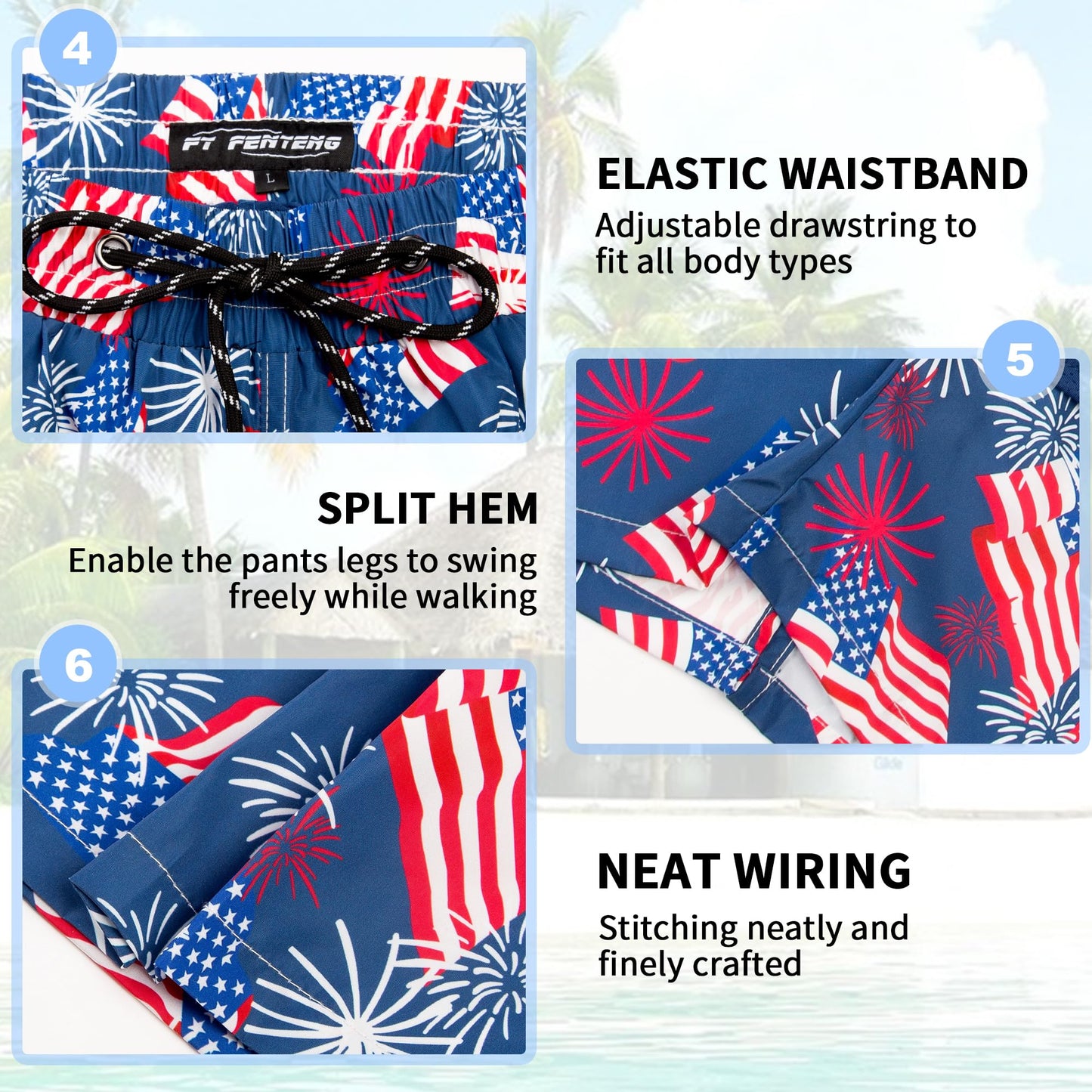 Mens Swim Trunks with Boxer Brief Compression Liner, Navy American Flag Men Bathing Suit Swimming Trunks 9" Zipper Pockets Board Shorts Men's Swimwear, Quick Dry Beach Shorts Swimsuits, XL