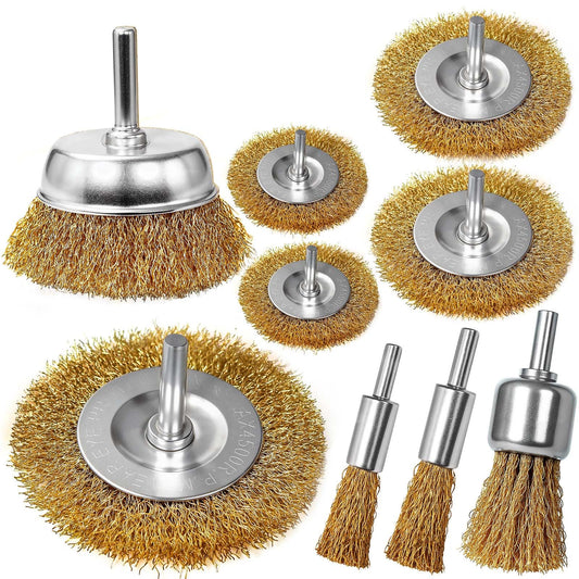 SBGGRL 9 Pcs Carbon Steel Wire Brush for Drill Rust Removal Kit,Wire Wheels and Pen Metal Wool Brushes Drill Attachments Cup for Corrosion and Scrubbing Surfaces,1/4-Inch Round Shank