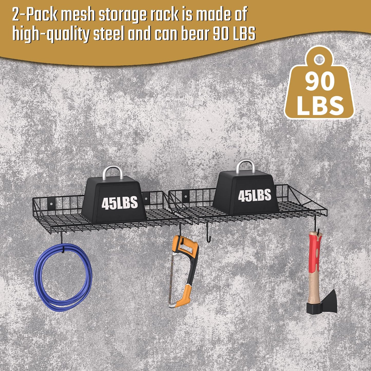 2 Pack Garage Wall Shelf, Garage Wall Mounted Shelving, Heavy Duty Floating Shelves With 4 Hooks, Loads 90 LBS Black Wall Shelves Mesh Storage Rack for Office, Basement, Wall Cabinet and Kitchen