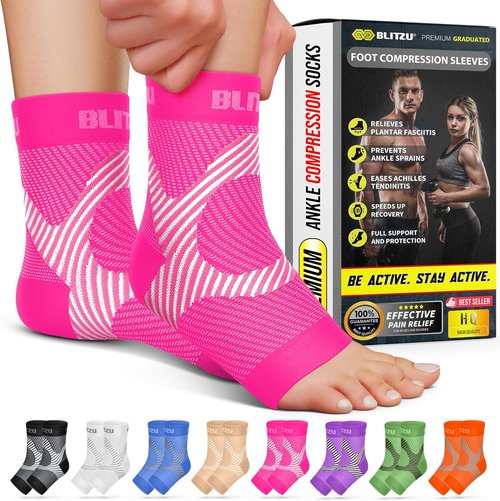 BLITZU Compression Socks - Plantar Fasciitis & Achilles Tendonitis Relief | Arch Support, Pink L-XL