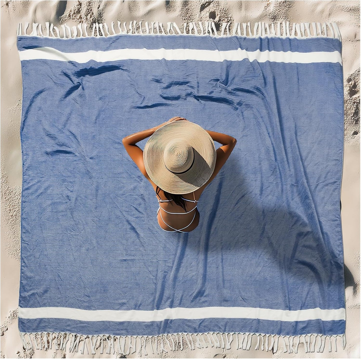 Skiennix Oversized Beach Towel - XXL Cotton Sandproof Blanket for Adults | Boho Woven Design in Blue