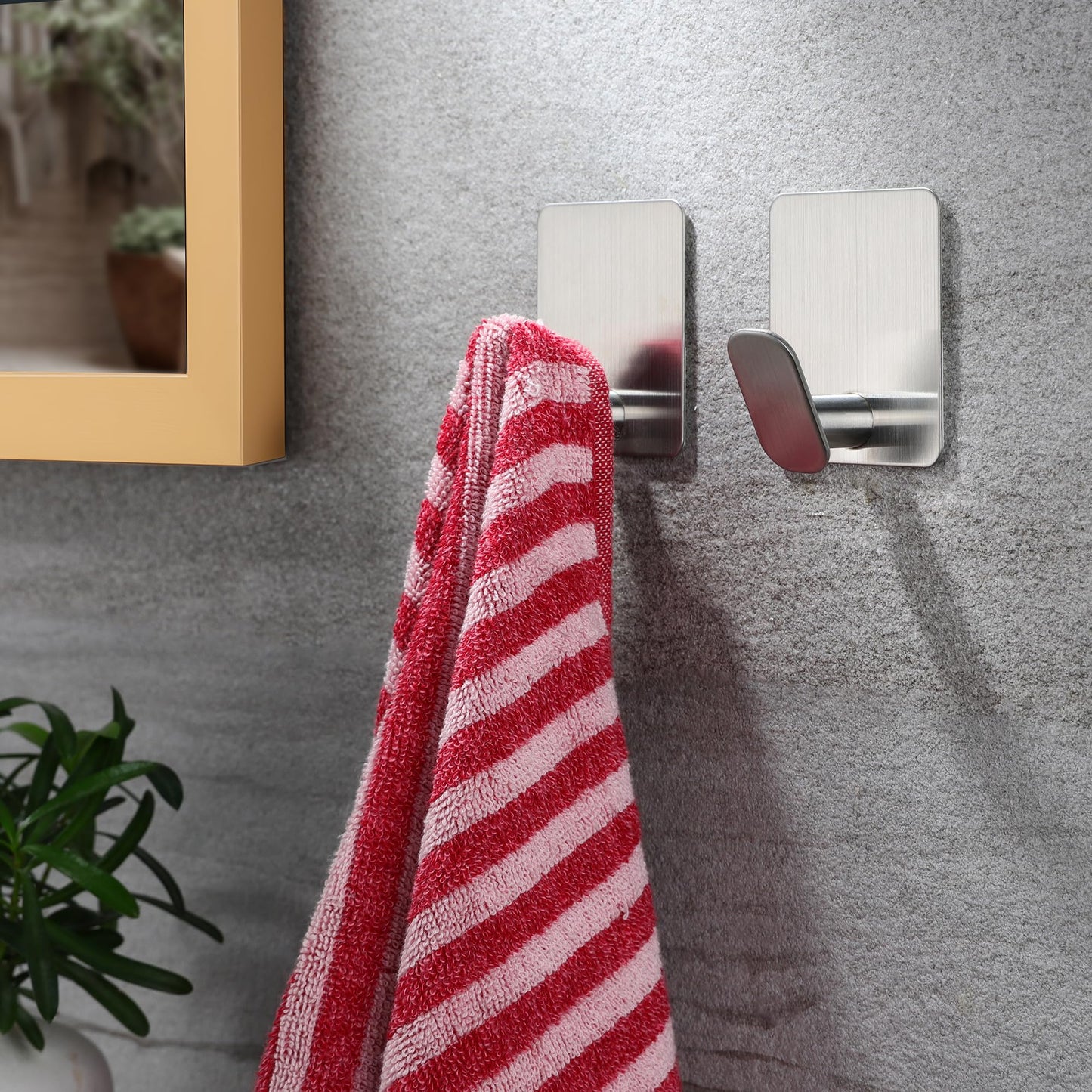 YIGII Silver Walls Hooks, Self Adhesive Hooks for Hanging Coat Clothes Closet Robe Heavy Duty, Towel Holder Stick on Bathroom Kitchen, 4 Pack