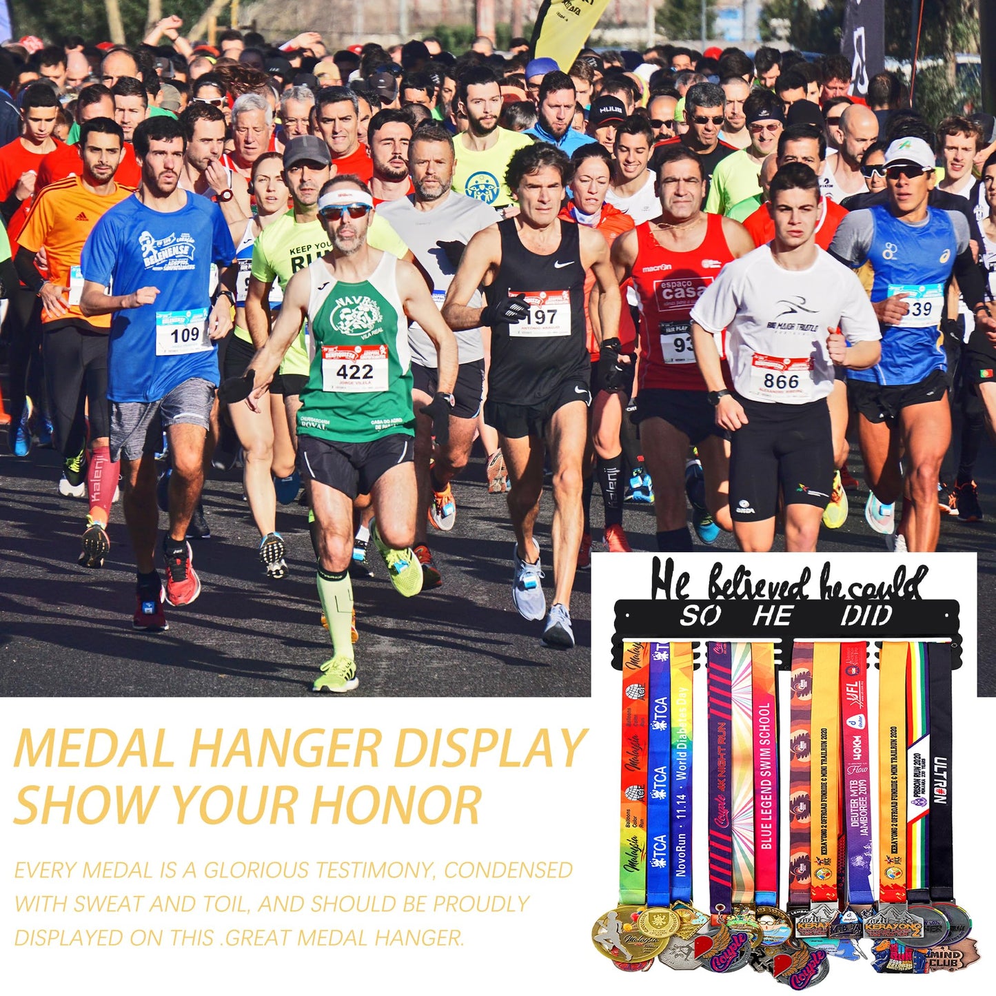 He Believed He Could So He Did Medal Hanger Display for Wall | Holds 60+ Medals | Sturdy Black Steel Sports Medal Holder Rack for Men & Boys | Inspirational Gift for Athletes