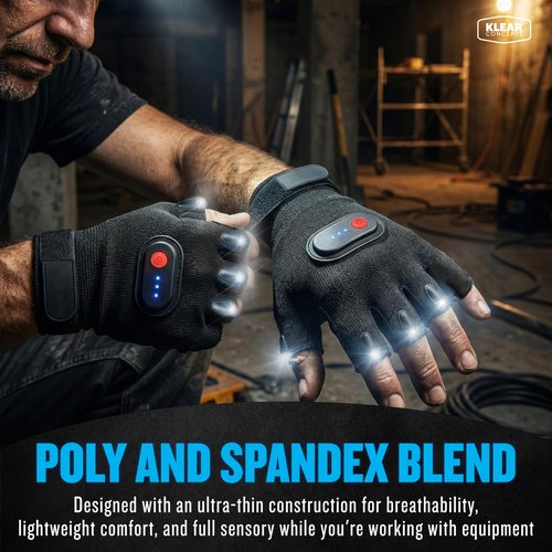 Klear Concepts 8-Light LED Flashlight Gloves for Men and Women, Open Palm Fingerless Gloves, Rechargeable Flashlight with 3 Modes, Work Light for Electricians, Fishing Tools, Camping Essentials