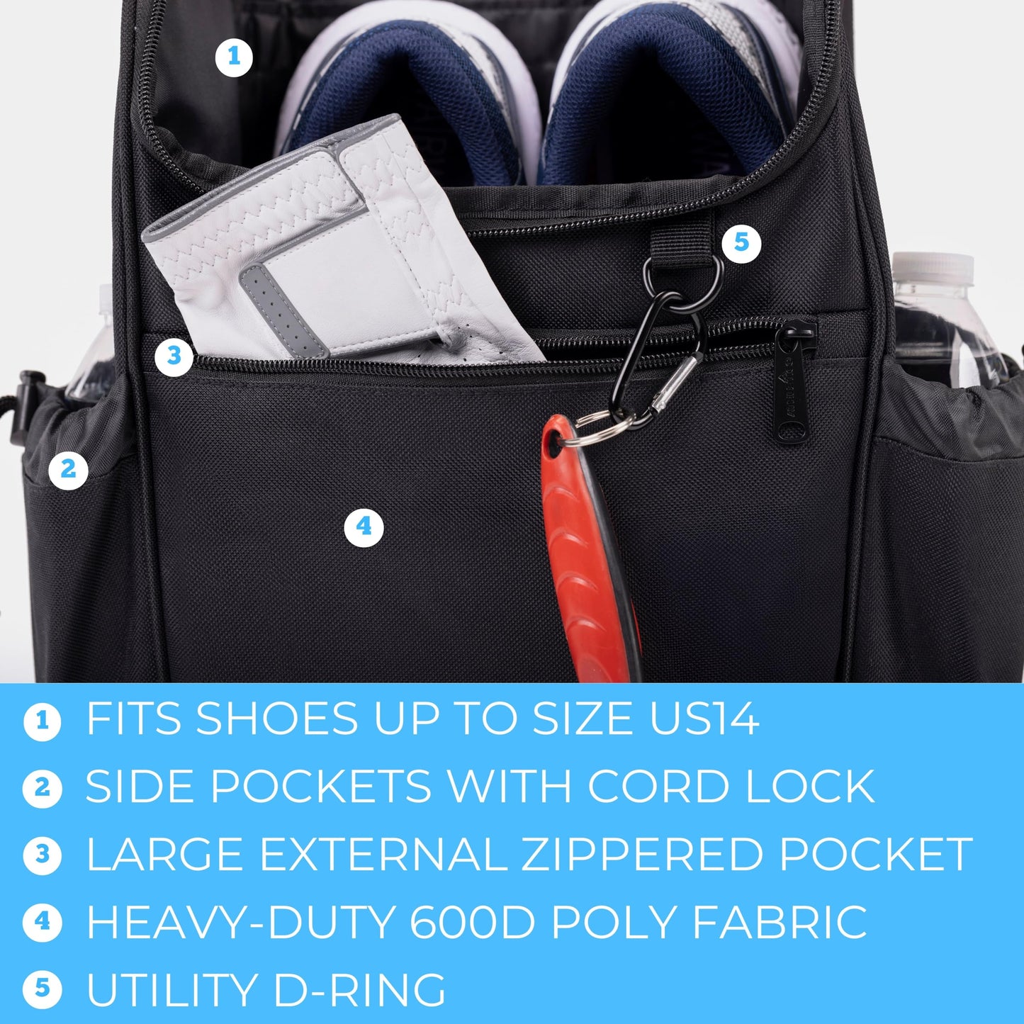 Athletico Elite Edition Golf Shoe Bag - Zippered Shoe Carrier Bags With Ventilation & Outside Pocket for Socks, Tees, etc. (Black)