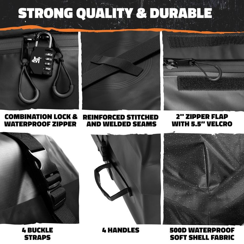 Mockins 25 CuFt Waterproof Rooftop Cargo Carrier Bag | 60"x43"x17" All-Weather 500D Soft-Shell Vinyl Car Top Carrier Without Roof Rack | Vehicle Soft-Shell Carriers with Roof Mat, Lock, Hooks & Straps