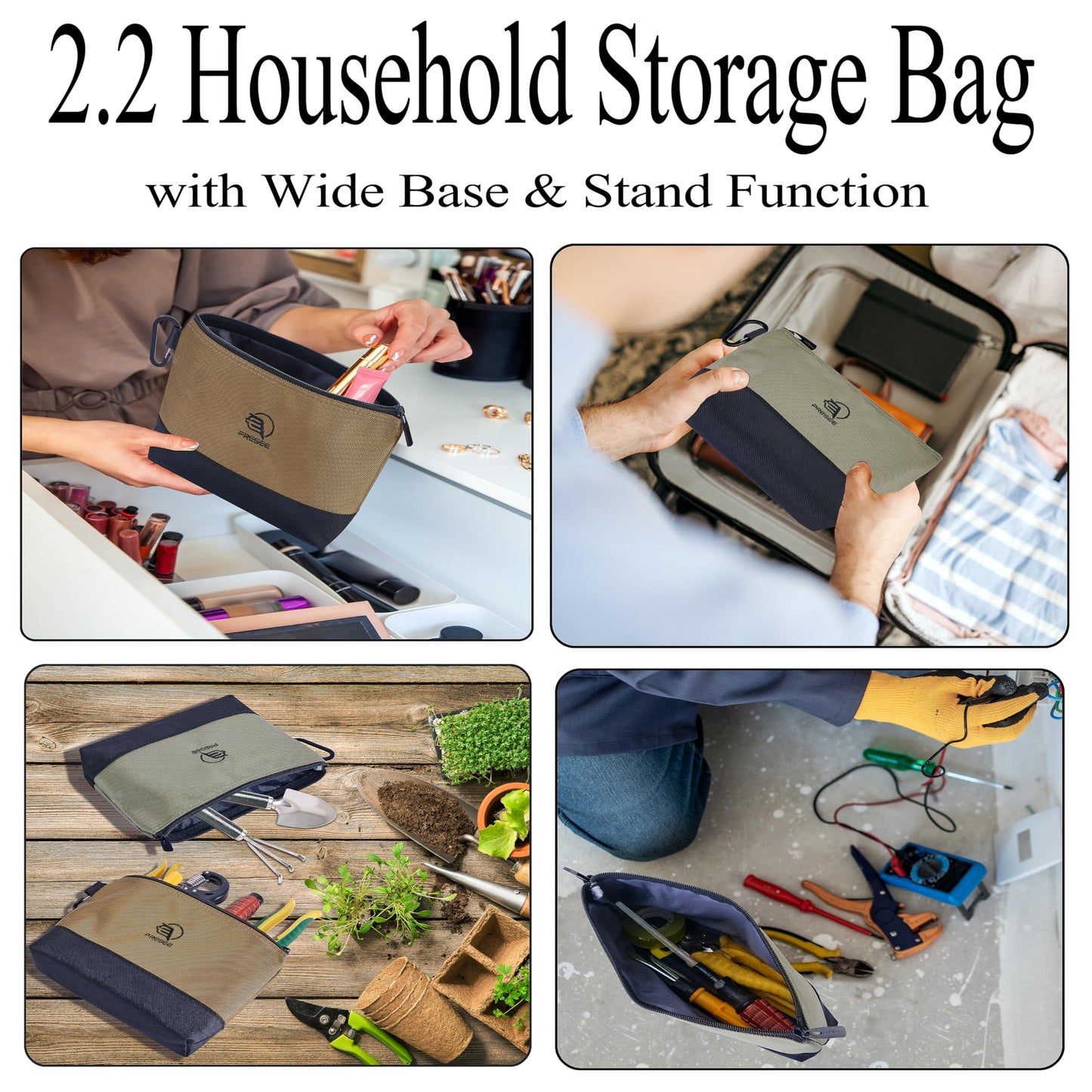 Tool Pouch Zipper Small Tool Pouches Organizer Bag with Metal Carabiner, Nylon 1680D Heavy Duty for Wrenches, Screwdrivers, Pliers, Pack of 2, Green Khaki, 10.5 Inch