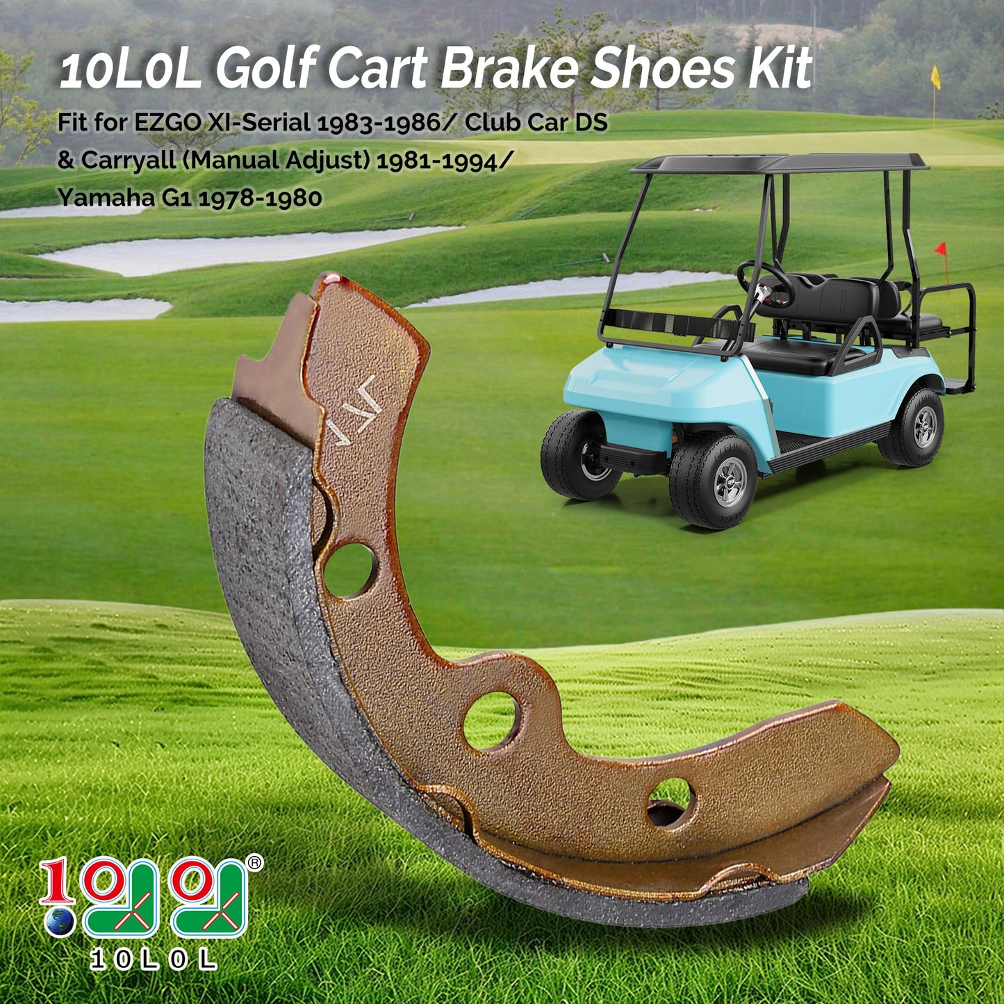 10L0L Golf Cart Brake Shoes Kit for EZGO XI-Serial 1983-1986, for Club Car DS & Carryall (Manual Adjust) 1981-1994, for Yamaha G1 1978-1980, Replace OEM 101146302 101880701