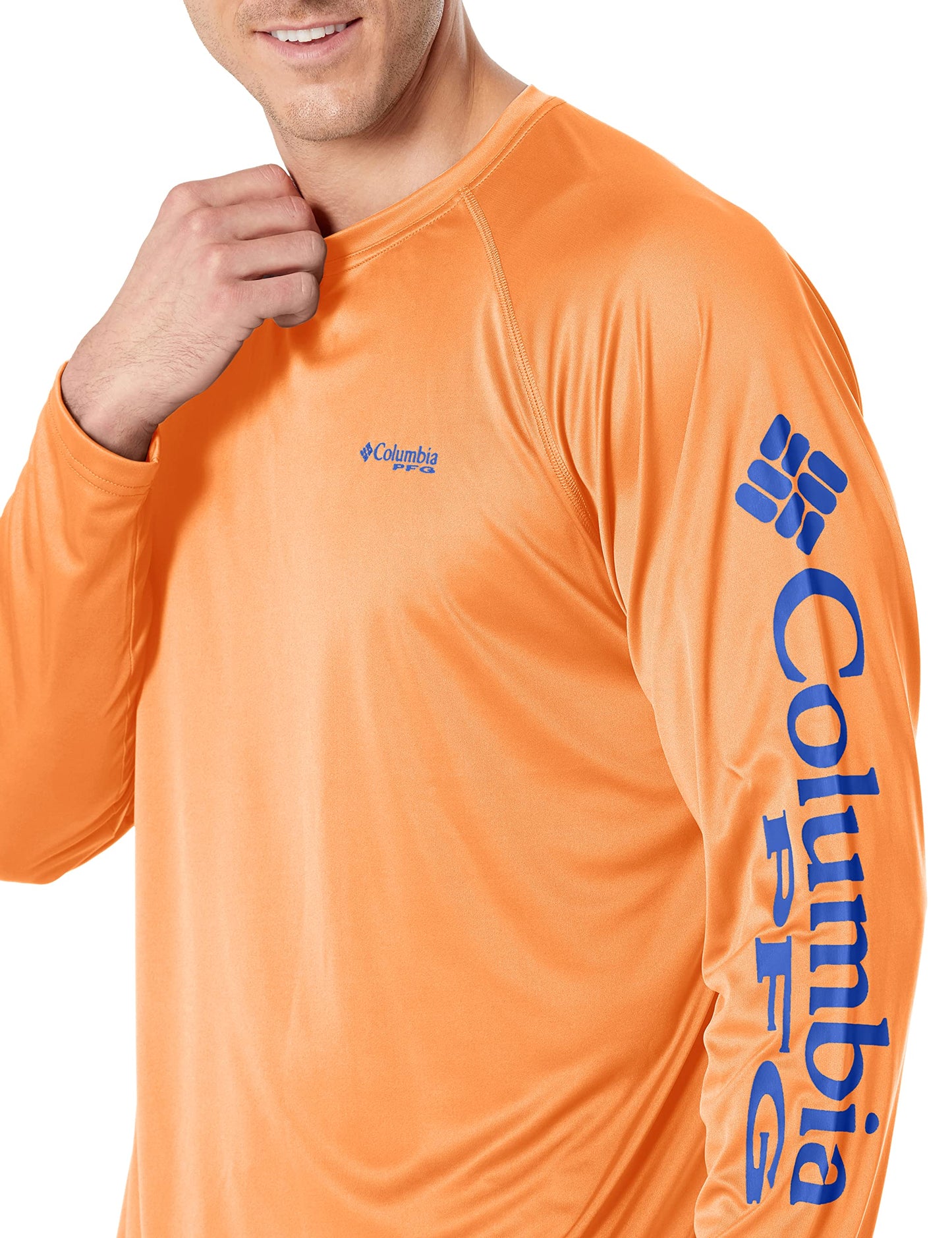 Columbia Men's PFG Terminal Tackle Long Sleeve Fishing Shirt, Bright Nectar/Vivid Blue Logo, X-Large