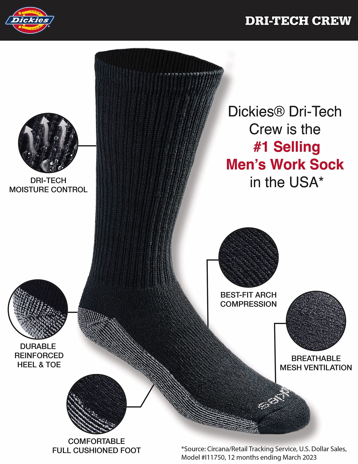 Dickies Dri-Tech Original Moisture Control Crew Socks, Available in M-XXL (6, 12, 18 Pairs), Black (6 Pairs), Large