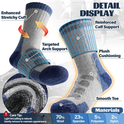 Anlisim Kids Merino Wool Hiking Socks Boys Girls Toddlers Thermal Winter Warm Boot Thick Cushion Gift Socks 6 Pairs(Blue Check,8-12 Years)