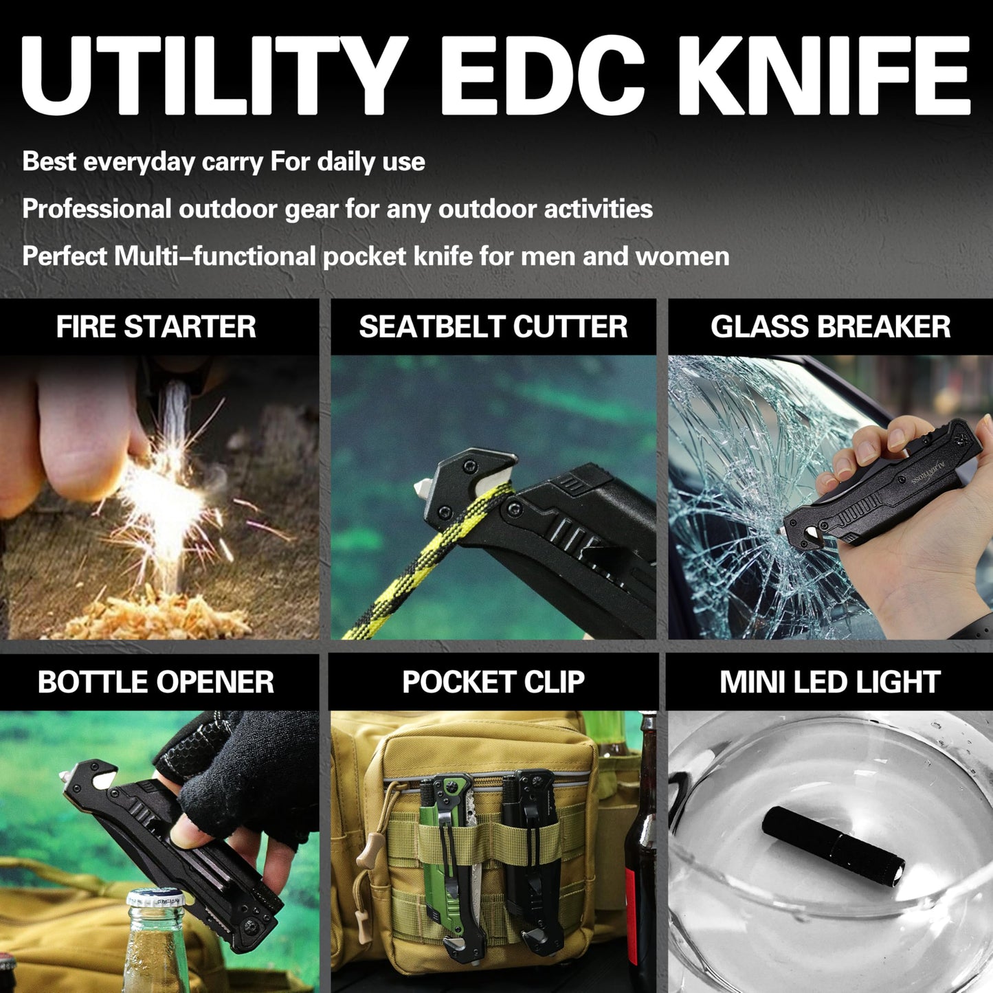 Father's Day, Mother's Day & Birthday Gifts For Men/Women: ALBATROSS 7-in-1 Tactical Survival Knife - Glass Breaker, Seatbelt Cutter, Serrated Steel Blade, Firestarter, LED Flashlight, Bottle Opener & Pouch | Military, Emergency, Outdoor Rescue Gear For D