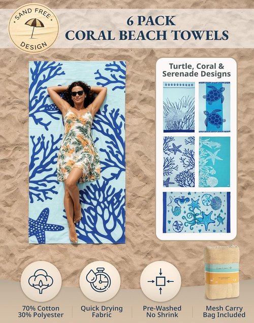 LANE LINEN Oversized Beach Towels - Quick Dry Lightweight Pool Towels, 39"x71", Coral - 6 Pack