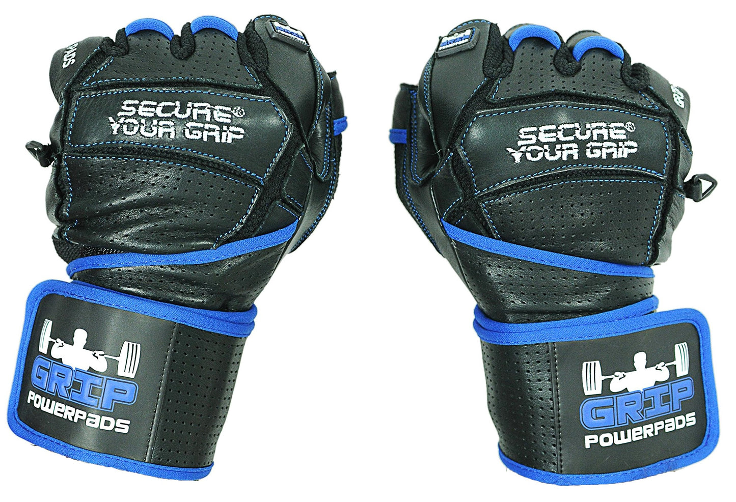 Elite Leather Gym Gloves with Built in 2" Wide Wrist Wraps Grip & Design for Weightlifting Power Lifting Bodybuilding & Strength Training Workout Exercises (Blue, Large)
