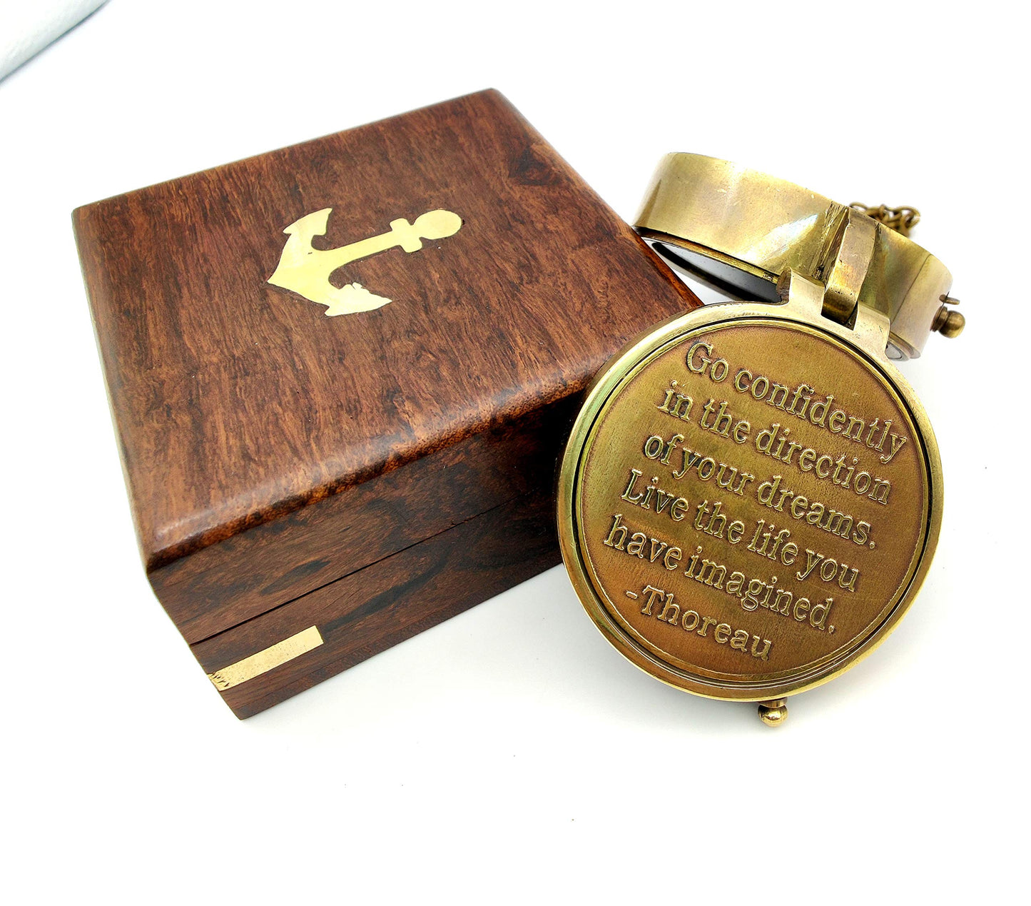 Handmade Vintage Gift Compass with Thoreau's Go Confidently Quote Engraved Brass Compass with Wooden case, Graduation Day Gifts, Boys Gifts, Compass Gifts