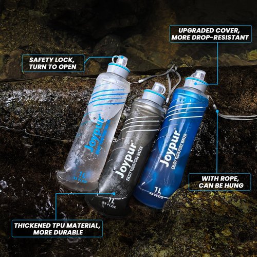 joypur Collapsible Squeeze Water Filter Bottle - 650ml with Filter with NSF/FDA Certification Befree or Peak Series replacement for Hiking,Running,Camping,Travel,Cycling,and Fishing,BPA-Free(Gray)