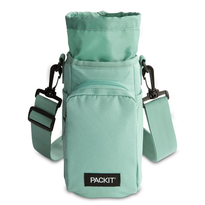 PackIt Freezable Hydration Crossbody Water Bottle Carrier with Strap, Fits 32,40 oz and 64 oz - Triple Function Design, Removable Freezable Insert, Adjustable Crossbody Strap, Front Zip Pocket - Sage
