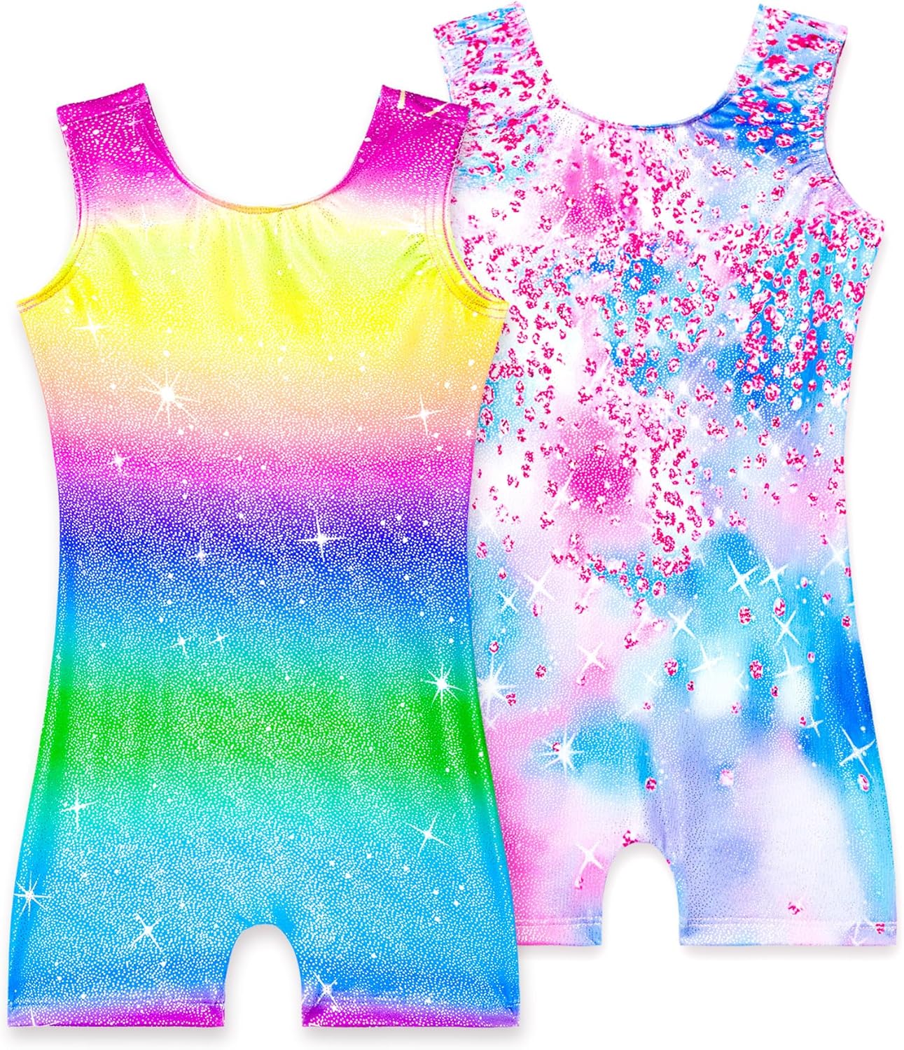 Skiennix Girls' Sparkly Gymnastics Leotard - Sleeveless Tumbling Unitard with Shorts | 2 Pack