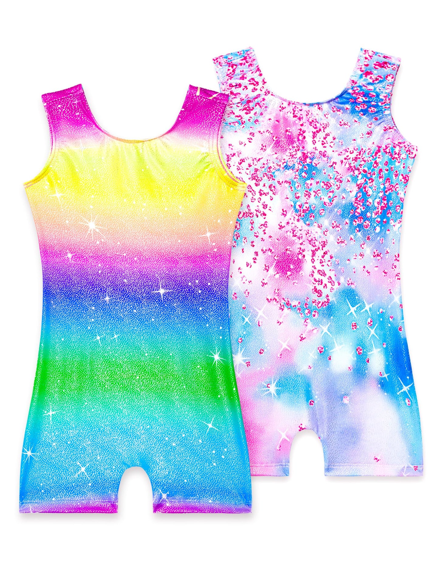 Nokecina Girls Leotards for Gymnastics Size 6-7 Years Old Rainbow Stripes Diamond Unitards 2 Pack Sparkly Tumbling Bodusuits