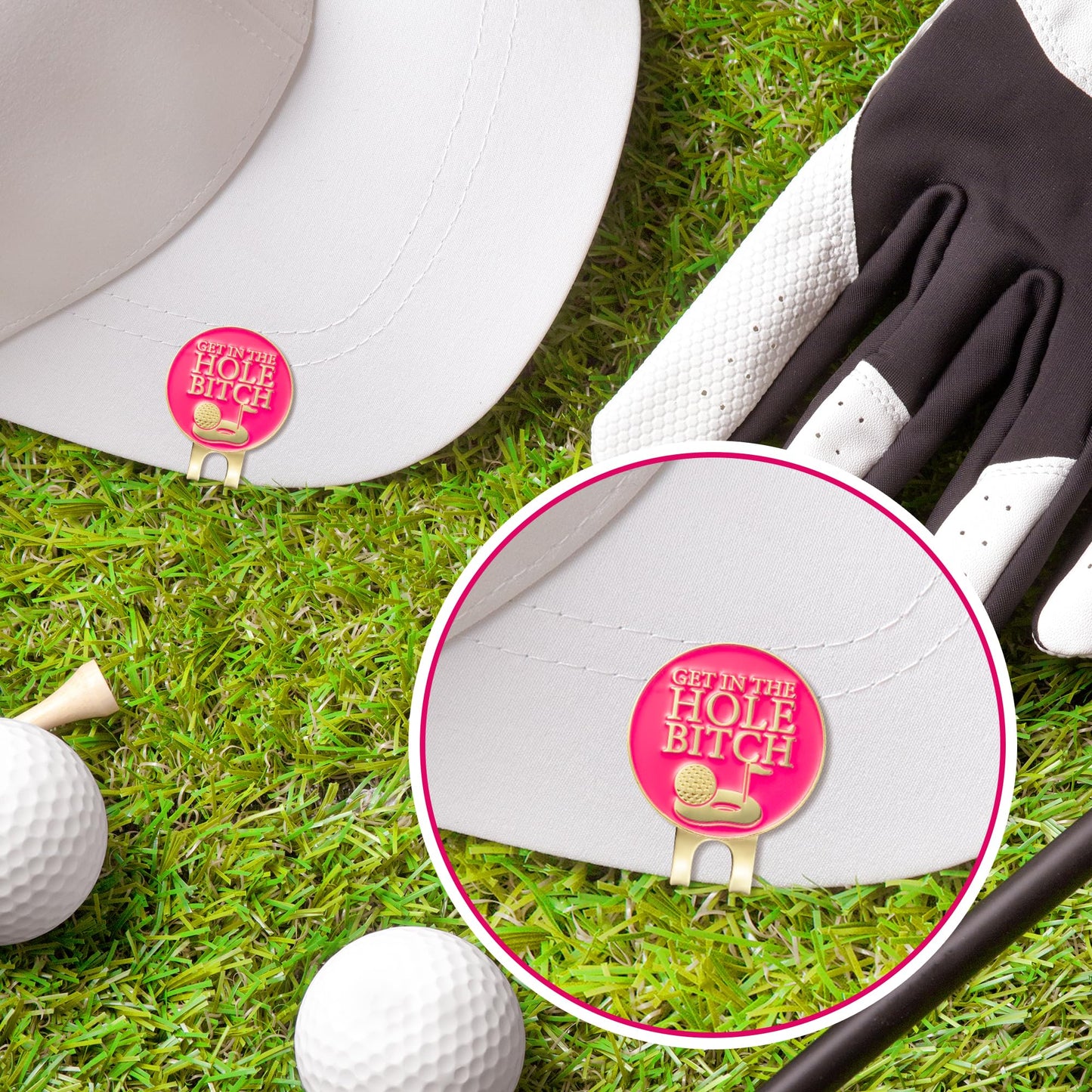 VERSRH Golf Ball Marker Clips - 2 Pcs Pink Funny Golf Ball Markers with 2pcs Magnetic Hat Clips & Pink Velvet Pouch Removable Attaches Caps Gift for Women Girls Golfer Club Accessories