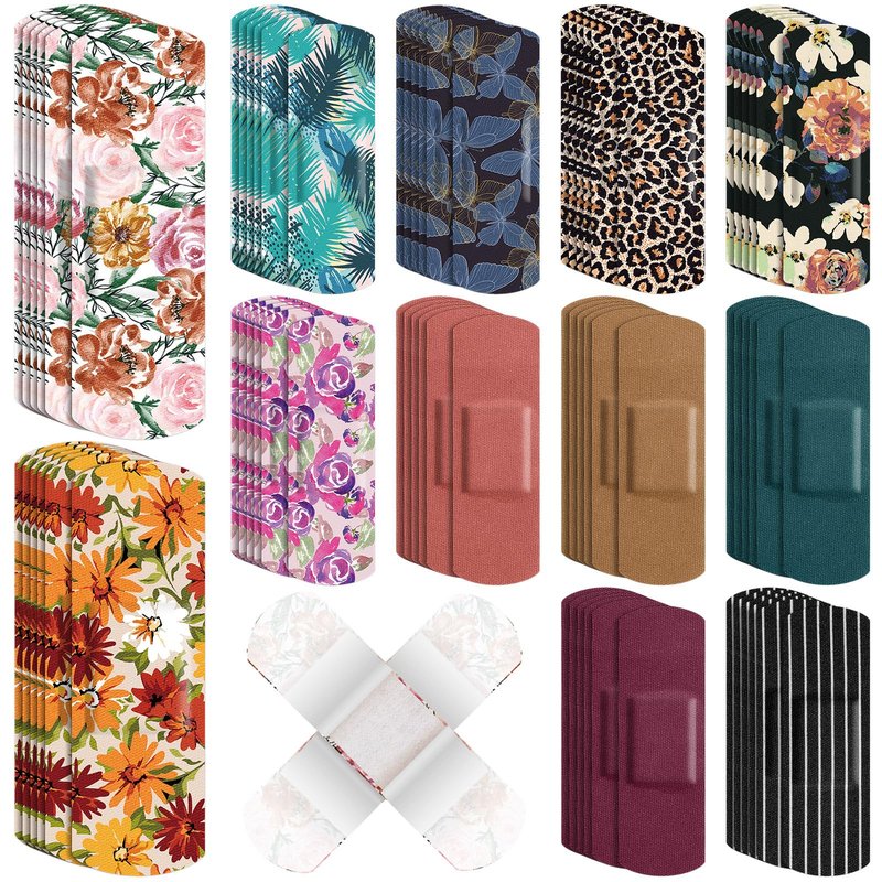 Threlaco 180 Pcs Flexible Fabric Adhesive Bandages Bulk Assorted Bandages Floral Breathable Fabric Strip with Non Stick Pad, Flexible Protection Wound Care for Women Cuts Scrapes First Aid, 12 Styles