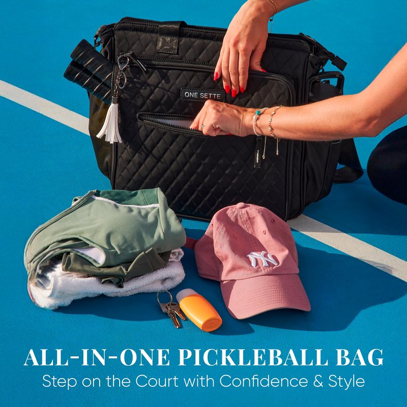 One Sette Pickleball Tote Bag for Women Gifts – Stylish Quilted Black – Lightweight - Pickle Ball Equipment with Fence Hook and Computer Compartment - Adjustable Shoulder Strap - Sports Gear Hand Bag