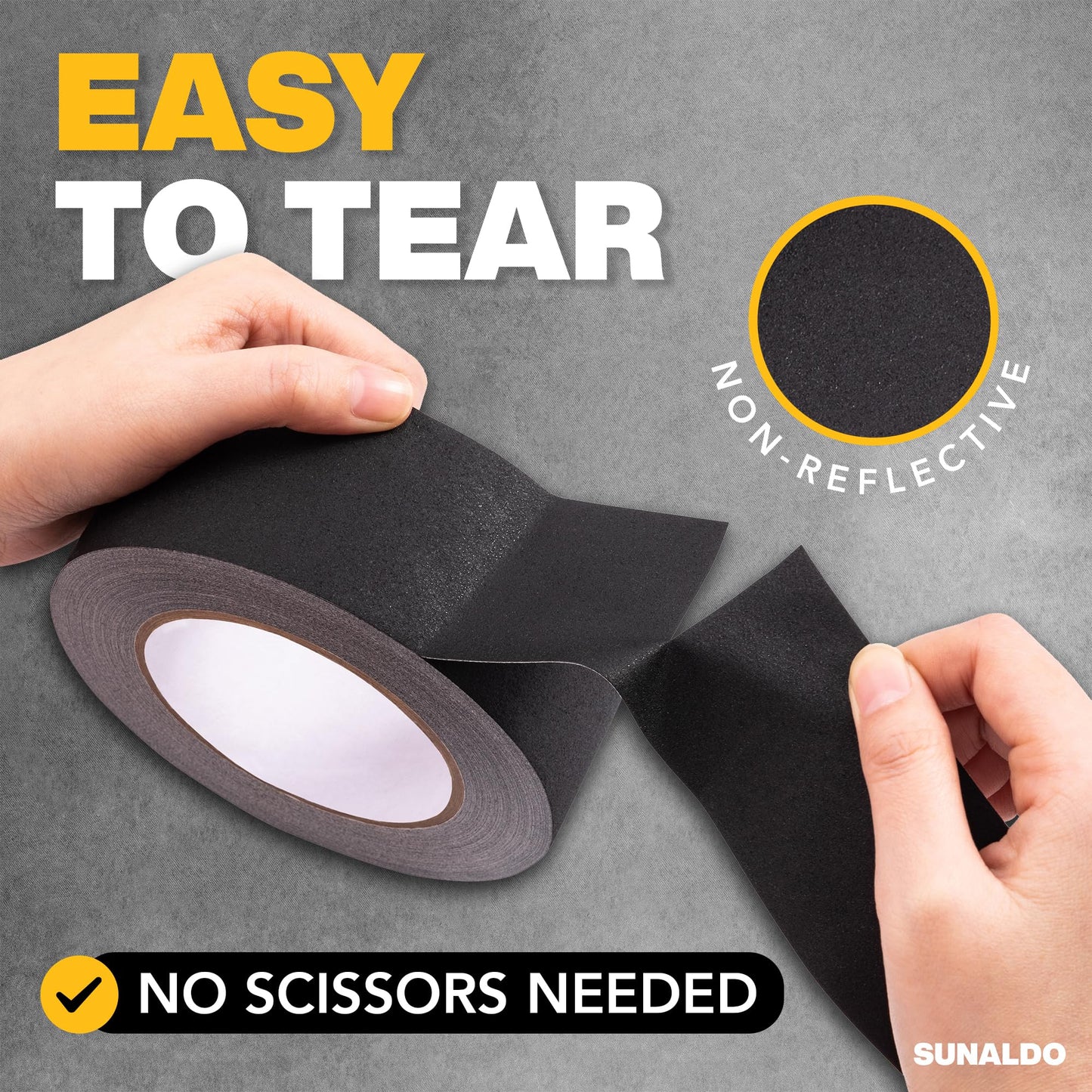 SUNALDO Gaffers Tape Heavy Duty, Easy to Rip, Residue-Free Professional Grade Floor Tape for Electrical Cords, Matte Finish Non Reflective, Weather Resistant (1, Black, 2" x 30 Yards)