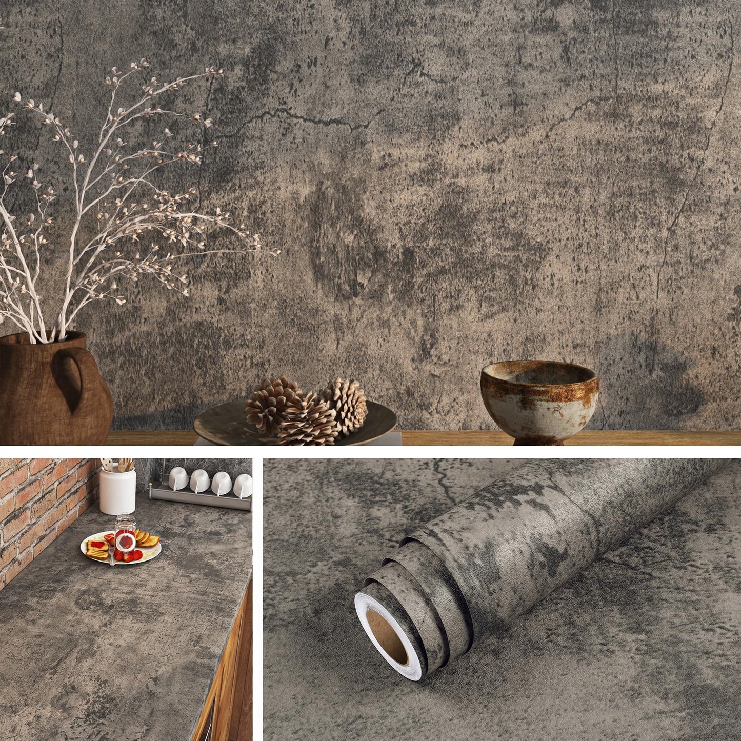 Livelynine Moody Concrete Wallpaper Peel and Stick Industrial Modern Brown Black Limewash Wallpaper Waterproof Dark Aged Cement Wall Mural Removable Cracked Concrete Contact Paper Vinyl 15.8x78.8