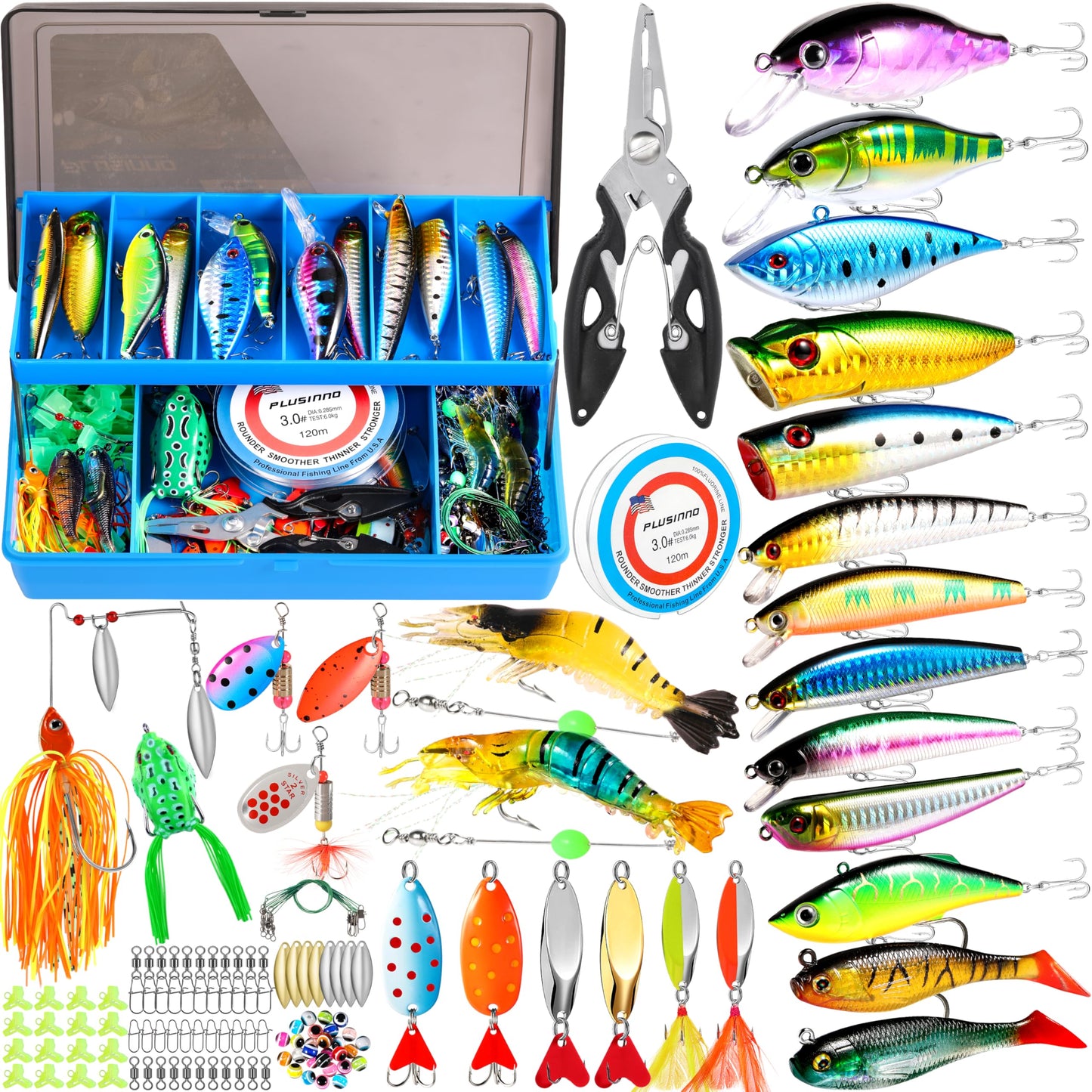PLUSINNO Fishing Lures, 194PCS Fishing Tackle Box with Tackle Included, Bass Fishing Lures, Fishing Bait Gear, Fishing Kit and Accessories, Fish Gift for Men