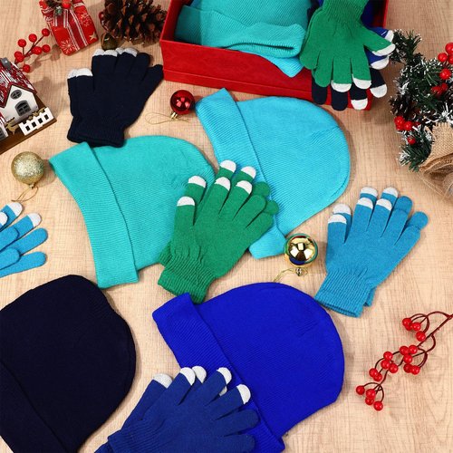 Kenning 56 Pcs Winter Beanies and Gloves Combo Kit Include 28 Pair Winter Gloves 28 Pcs Knitted Beanies Unisex Hats for Adult (Dark Colors)