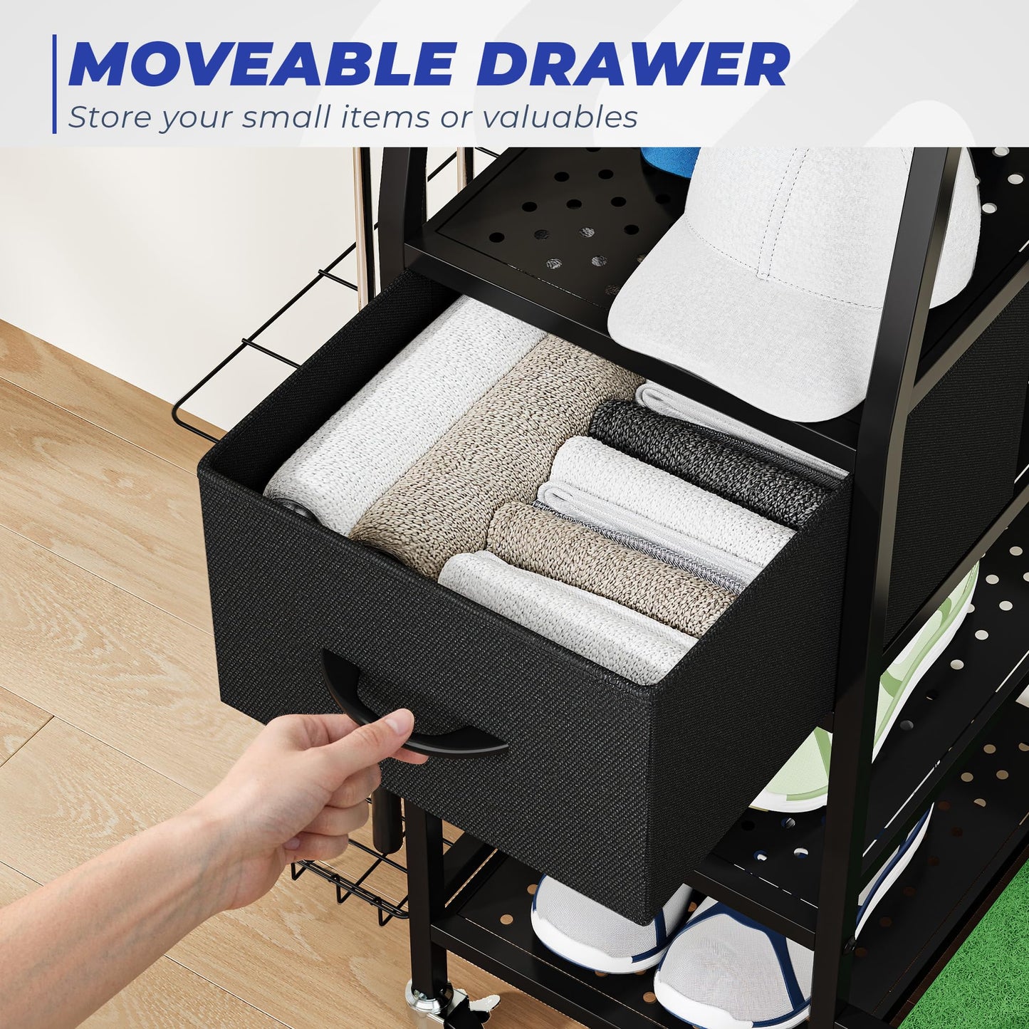 Golf Bag Organizer Storage Rack, Rolling Golf Storage Organizer for Garage with Wheels, 4-Tier Storage, Turf Mat, Carbon Steel