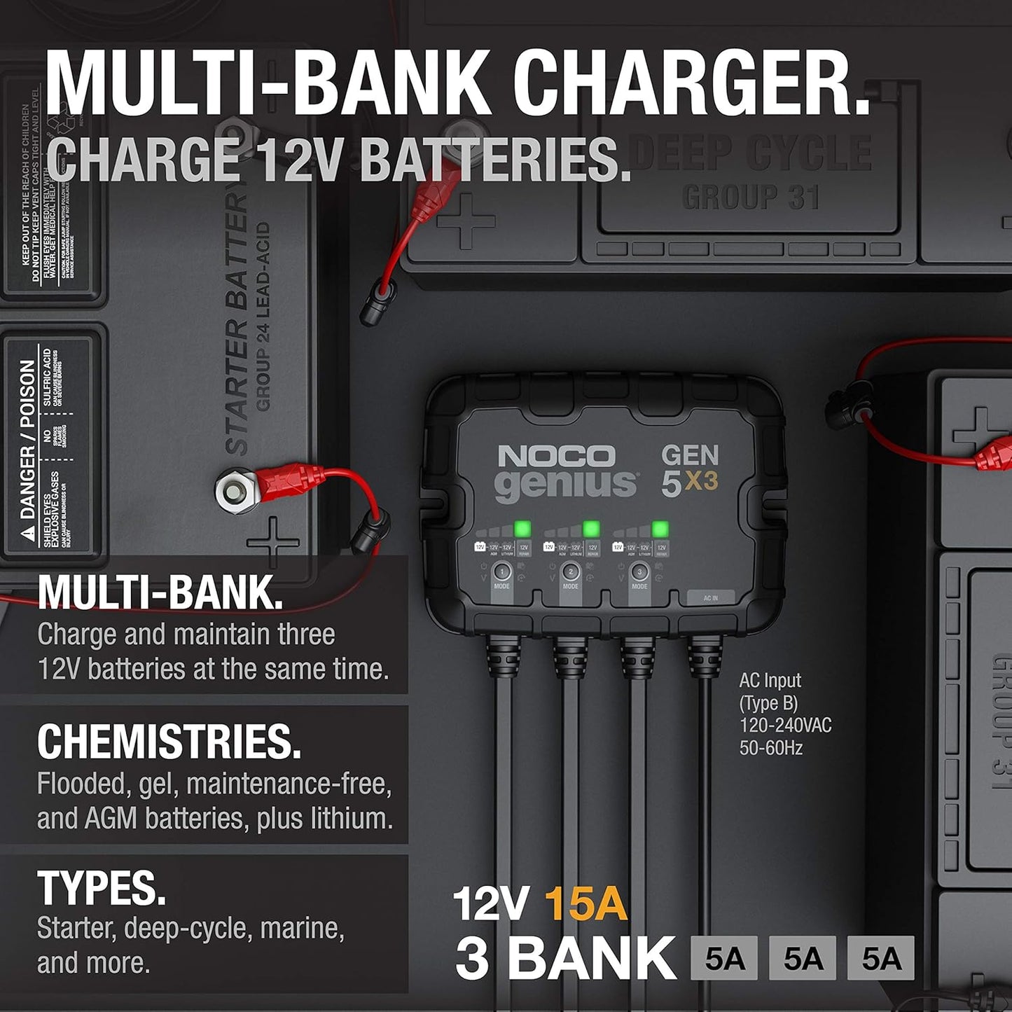 NOCO Genius GEN5X3 Onboard Battery Charger - 3-Bank, 15A, Waterproof 12V with Overcharge Protection & Temp Compensation