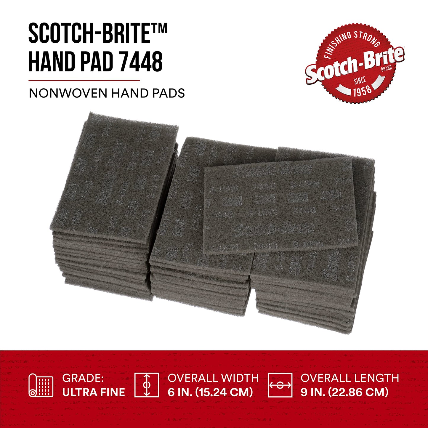 3M Scotch-Brite Ultra Fine Grade 7448B Hand Pad, Case of 60, 6 in x 9 in Hand Pads, Nonwoven Silicon Carbide, Surface Preparation, Scuffing, and Cleaning, Gray