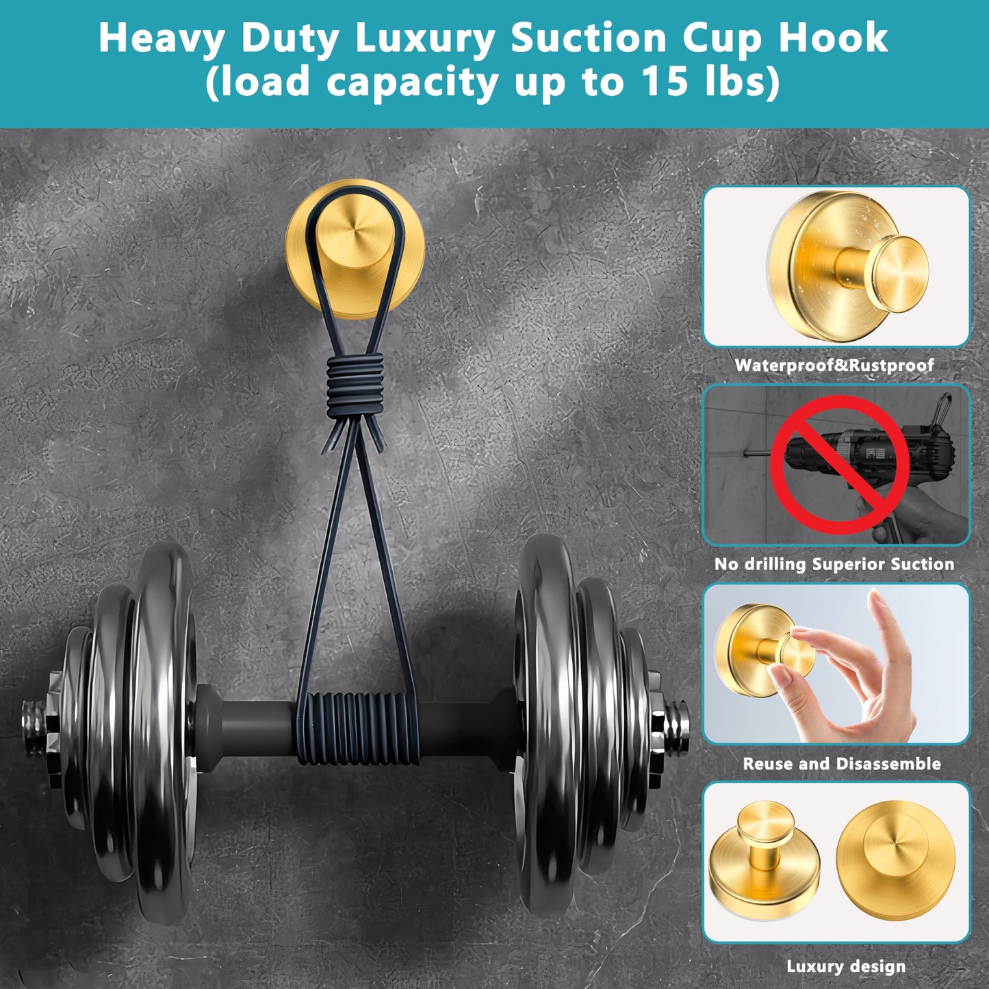Suction Cup Hooks for Shower,Wreath Hanger for Front Door,Removable No Drill Waterproof Towel Loofah Hook,Upgraded 15 lbs Strong Suction Metal Hooks for Bathroom,Wall,Garland Glass Door-Gold 2 Pcs
