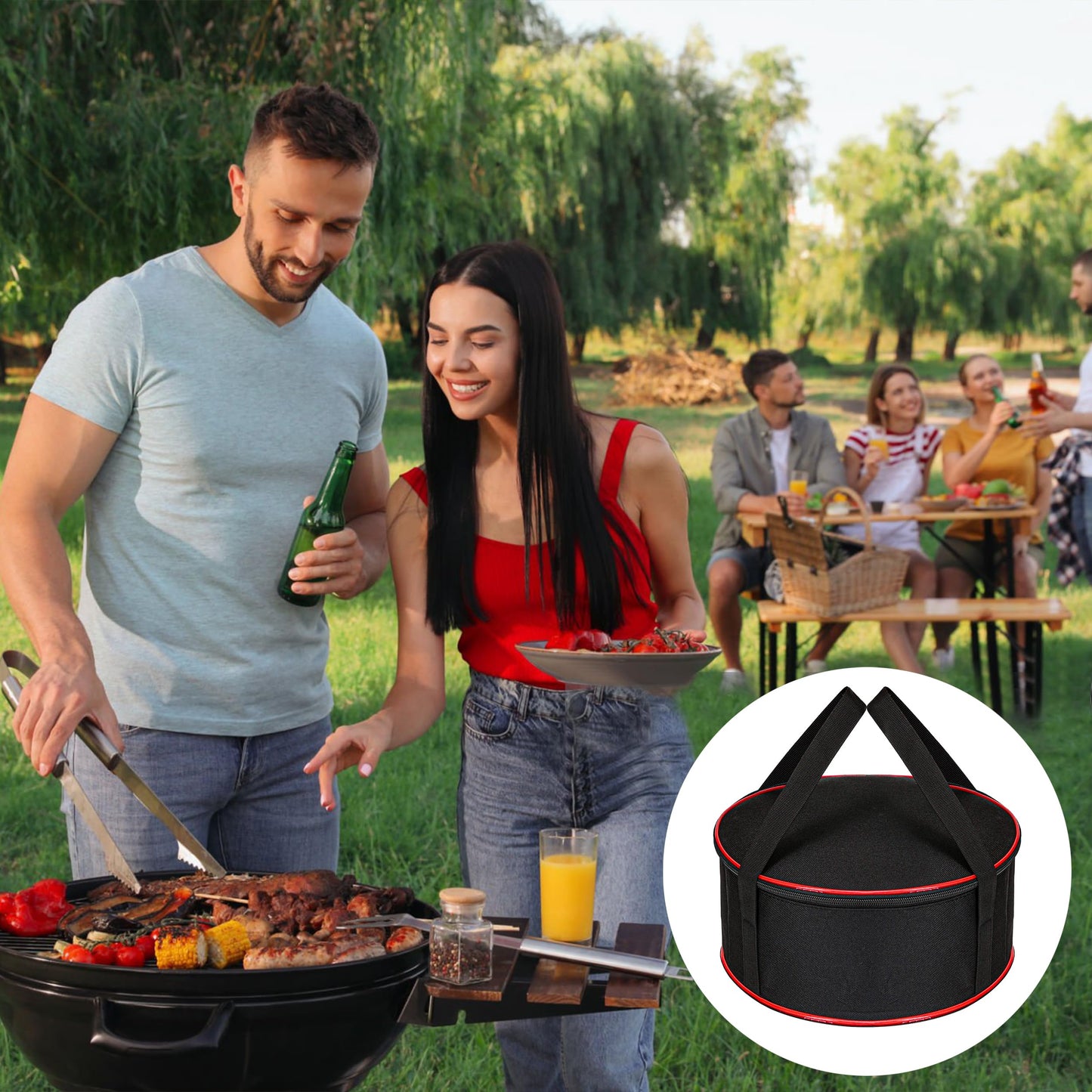 KH866 Camping Tableware Organizer Outdoor Hiking Plate Dishes Bowl Pot Storage Bag, Large Round Crockery Protectors Travel Dinnerware Chest, Camp Dish Bags with Zipper for Cupboard