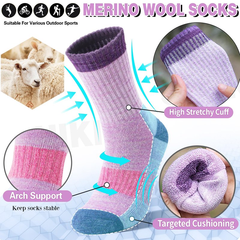 SAVALOS Merino Wool Hiking Socks for Women Thermal Warm Winter Cozy Work Crew Gifts Socks 5 Pairs Stocking Stuffers (Assorted A,L)