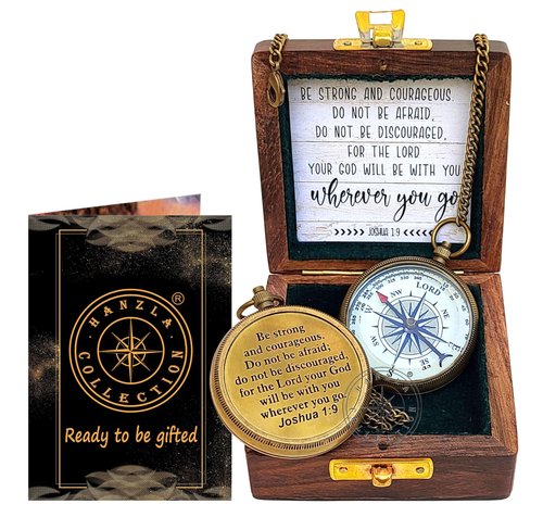 Be Strong and Courageous Joshua 1:9 Brass Directional Locket Compass, Engraved Baptism Gifts for Boys Girls, First Communion, Christian Gifts for Men, First Confirmation Gifts for Boys Catholic Gifts