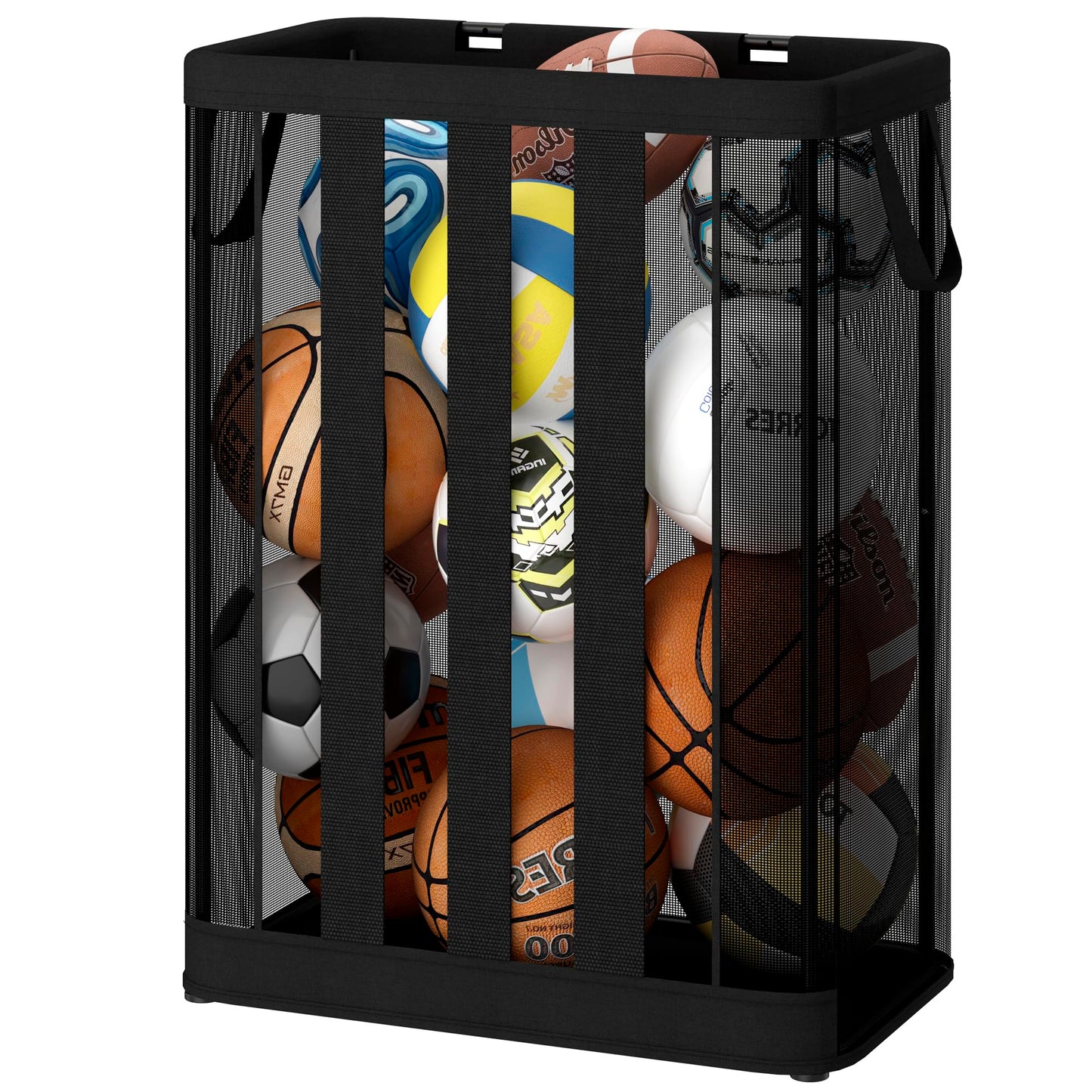 STO STO Ball Storage Basket, Wall-Mounted or Freestanding Garage Ball Organizer Holder, Holds up to 15 Balls, Sports Equipment Organizer with Elastic Front Access for Garage, Gym, Playroom, Black