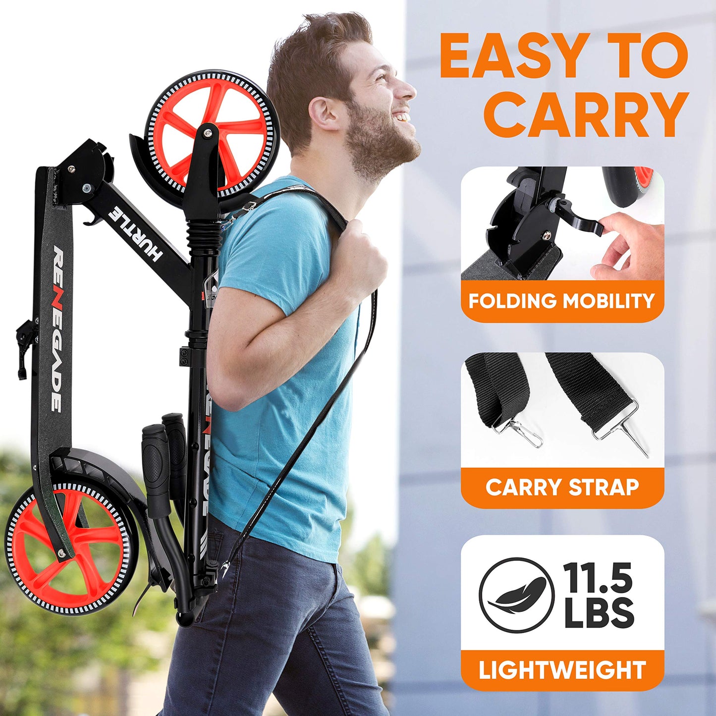 Hurtle Two Wheel Scooter for Teens, Smooth Gliding Kick Scooter for Adults w/ Adjustable Height for Ages 8+, Portable All Terrain Scooter w/ Carry Straps, Easy to Fold
