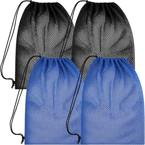 4Pcs Mesh Gear Bag - Large 19" x 27" Polyester Snorkel Backpack for Wetsuits & Swim Gear | Black & Blue