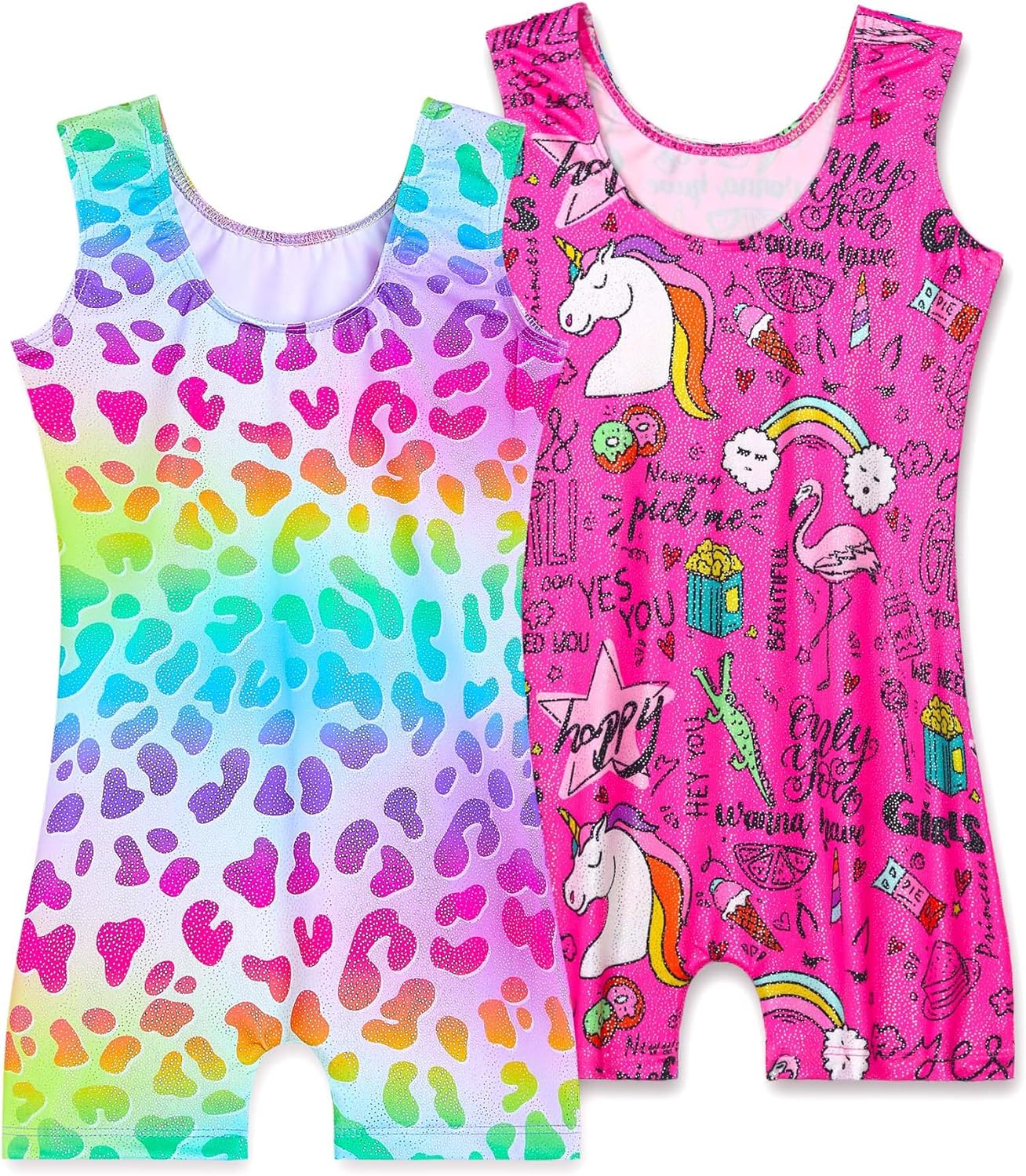 Skiennix Girls' Sparkly Gymnastics Leotard - 2 Pack Sleeveless Tumbling Unitards with Shorts
